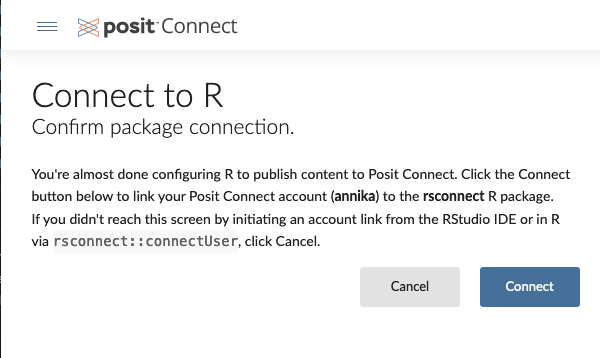 Successful login to link Posit Connect to RStudio.