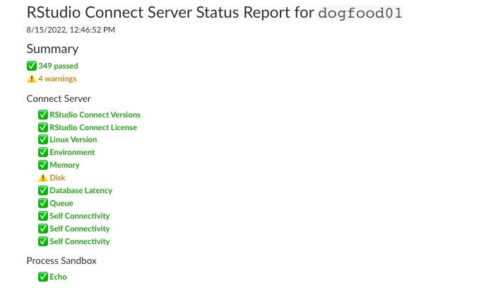 Screenshot of a sample (partial) Server Status Report summary.