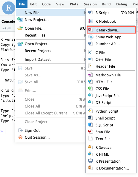 Screen capture of the RStudio New File options