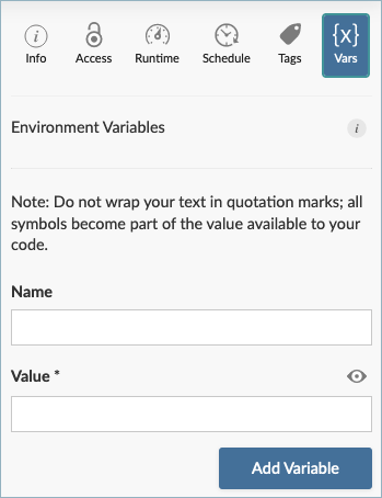 Environment Variables panel
options