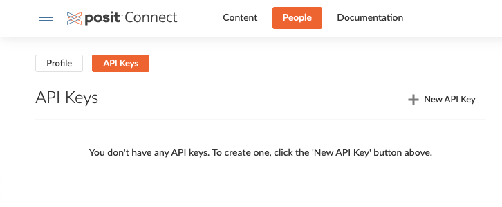 API Keys page showing no API Keys created