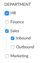 A screenshot of a "Department" tag category with "HR" and "Sales" selected at the first level and "Inbound" selected beneath "Sales"
