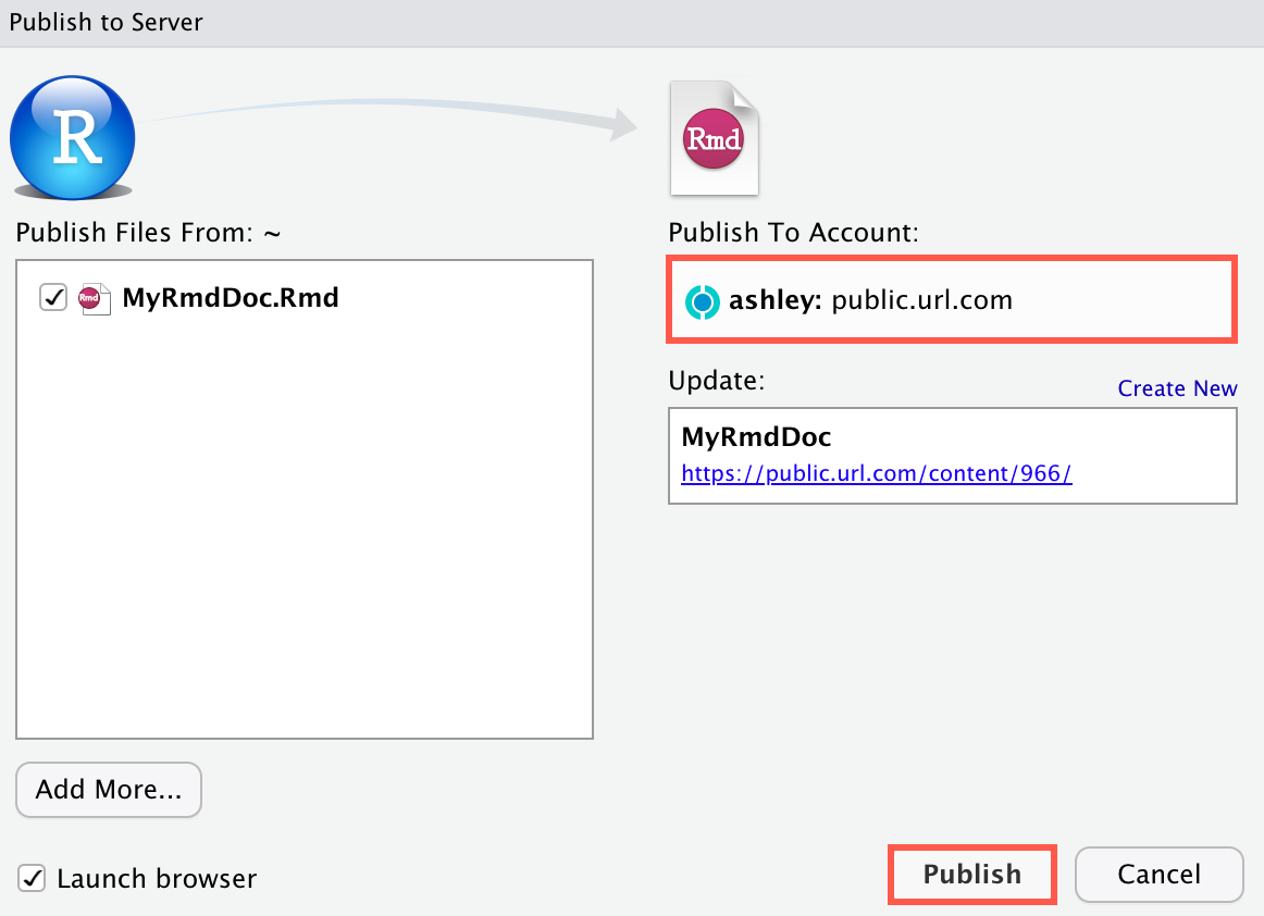 Publish to Server window with
      user account selected