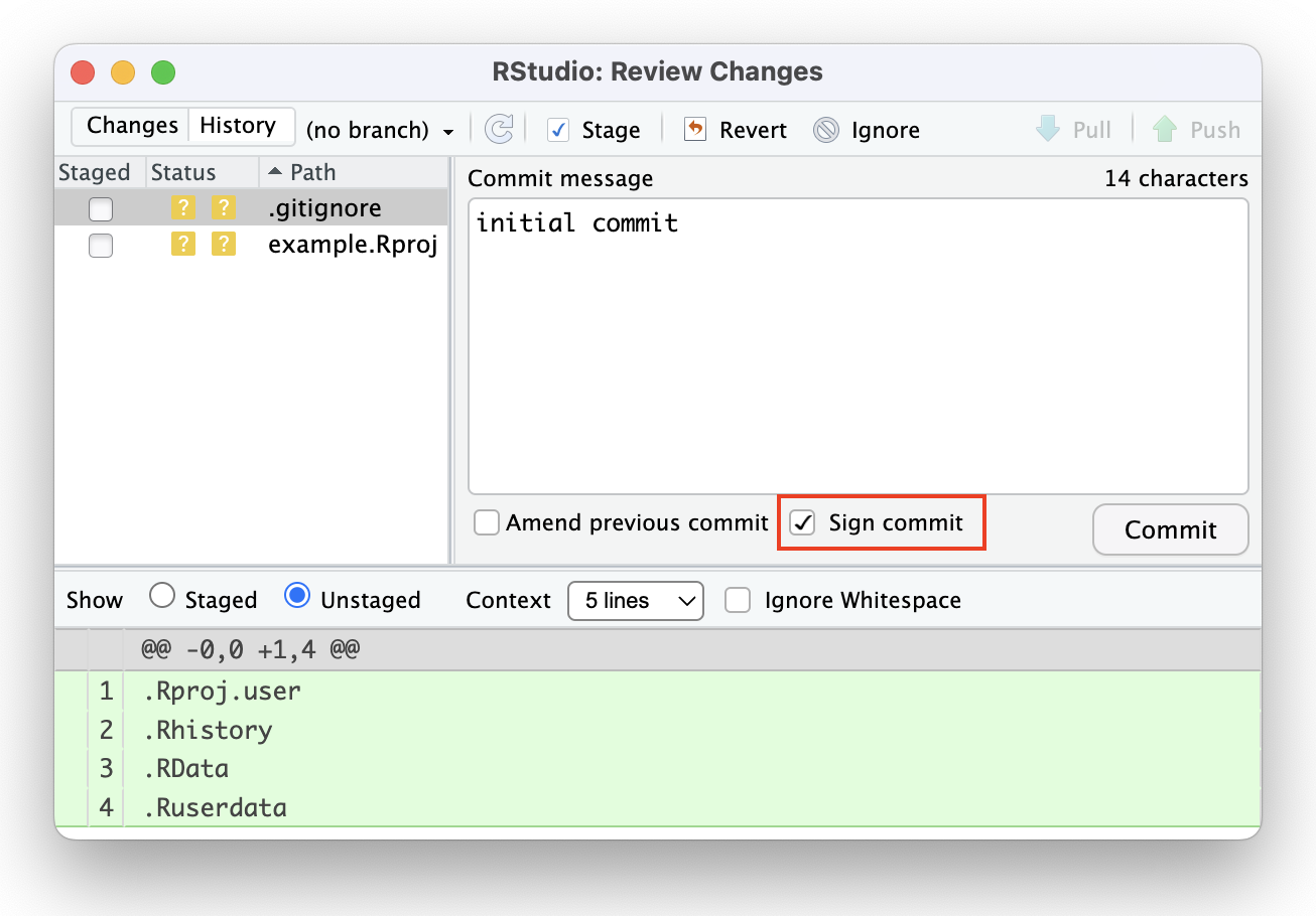 A screenshot of the Review Changes pop-up, highlighting the Sign commit check box.