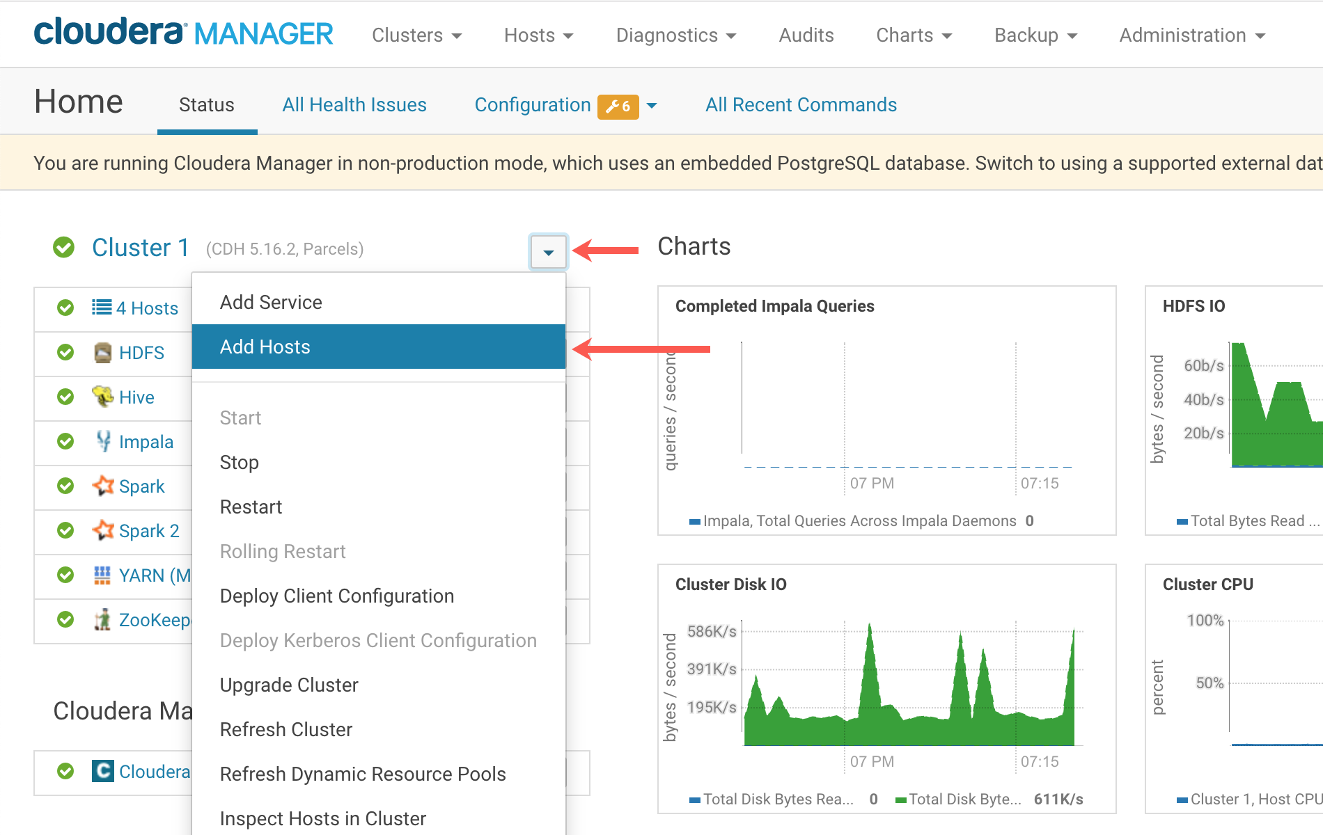 Cloudera Manager
dashboard, Add Hosts option UI screenshot