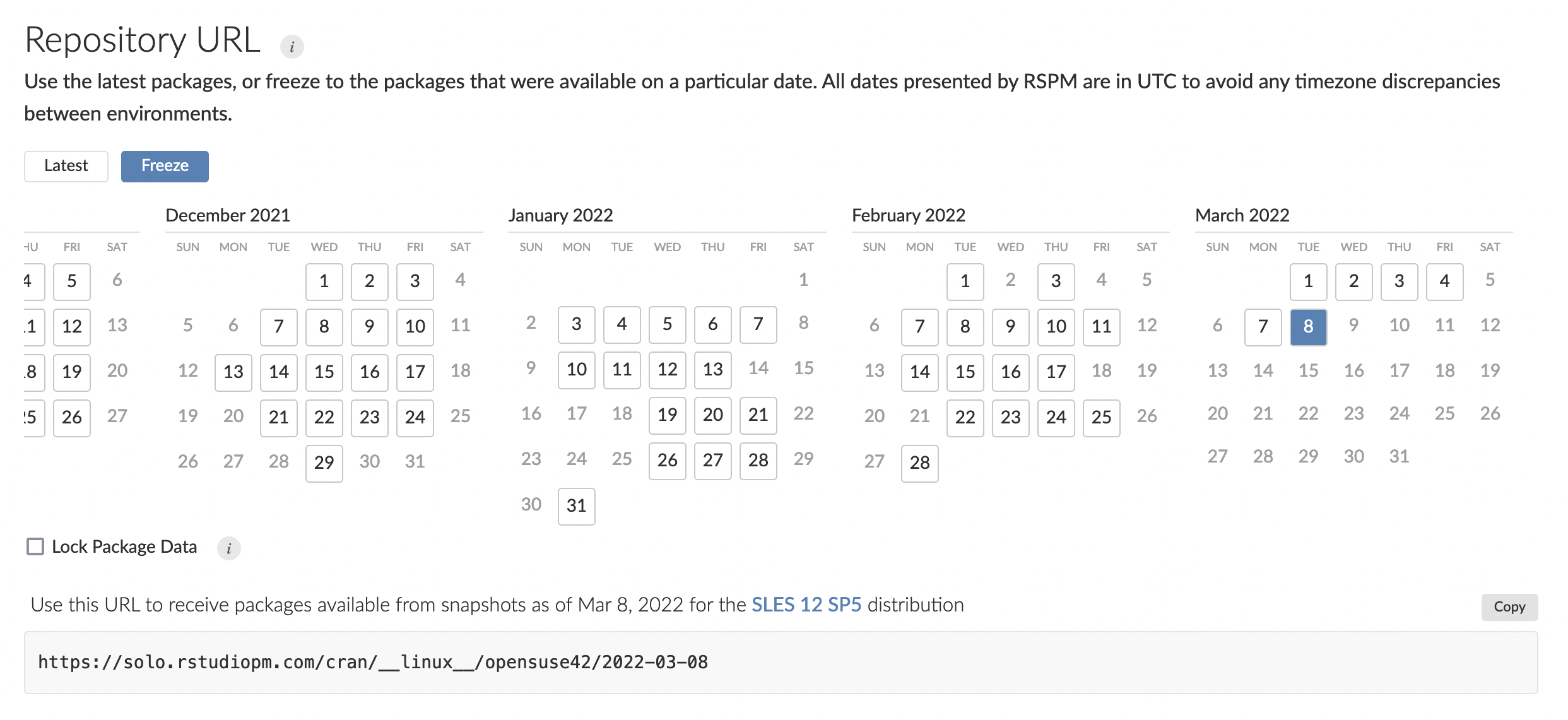 RSPM Setup tab screenshot, showing snapshot calendar with binary and frozen URL